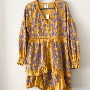 Anthropologie Lisette Yellow Embroidered Dress